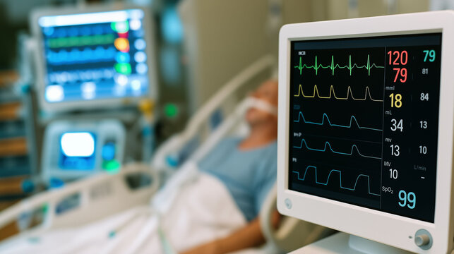Vital monitor of heart, ecg spo2 pulse line in icu room with patient in critical oxygen ventilator room on bed