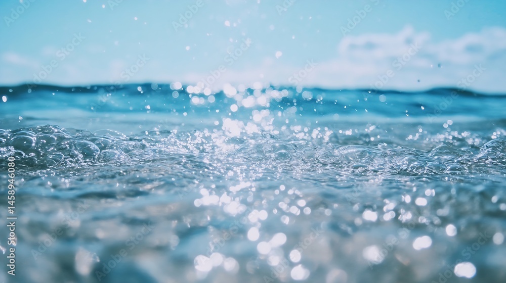 Poster Close-up view of ocean water with sunlight reflecting, creating sparkling bokeh effect.  Bubbles and waves are visible, showcasing the texture and movement of the sea. : Generative AI