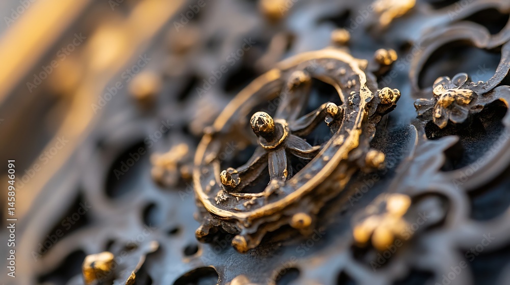 Aufkleber close-up of ornate, dark metalwork with gold accents, showing intricate details and textures. the pi
