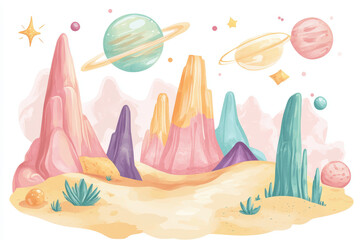 Naklejka premium Watercolor Fantasy Landscape Design. Imaginative watercolor landscape of fantastical world, ideal for t-shirt designs. It features colorful planets, stars, and stylized mountains in vibrant palette