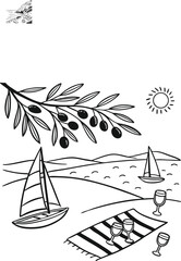 A sailboat and a ship with sails glide on the blue sea under the summer sun, a perfect ocean travel illustration