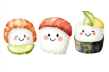 Smiling Sushi Characters in Watercolor. This design showcases sushi rolls with happy faces, appealing to sushi lovers and anyone who appreciates food art.