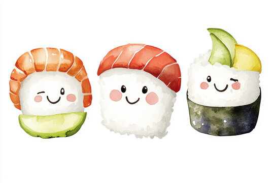 Smiling Sushi Characters in Watercolor. This design showcases sushi rolls with happy faces, appealing to sushi lovers and anyone who appreciates food art.