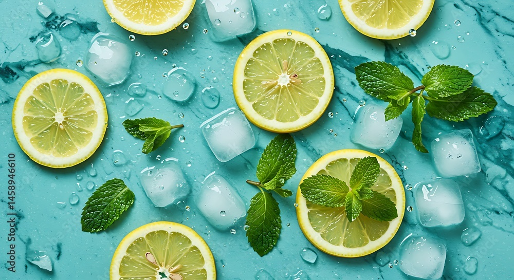 Fototapete fresh mint leaves and lemon slices floating among crushed ice, with sparkling water droplets splashi