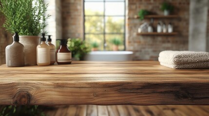 Wooden table presenting folded towel and spa products with blurred bathroom background, including bathtub, window, and plants, creating a relaxing and luxurious atmosphere