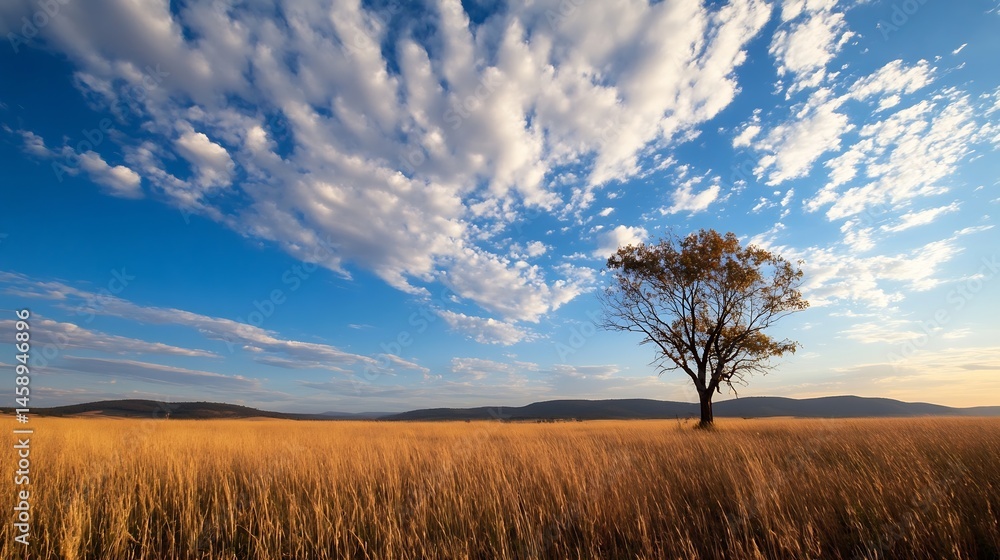Poster solitary tree stands in a golden field under a vast, blue sky filled with fluffy white clouds, creat