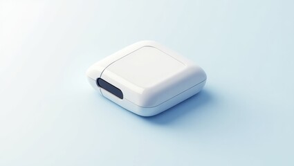 Fototapeta premium Travel Esim. White wireless earbuds charging case, closed compact design, tech gadget, modern accessories, minimalist style, technology workspace, digital lifestyle, clean background, soft lighting