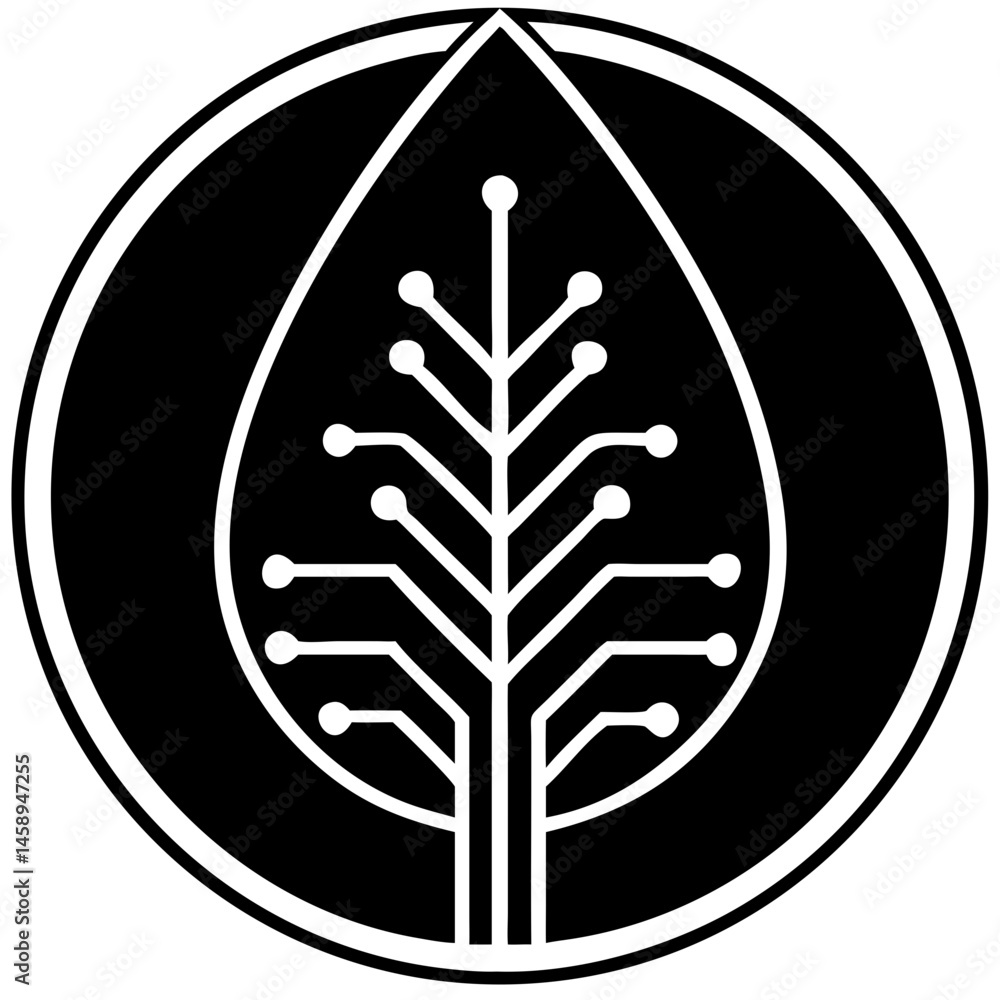 Poster minimalist leaf design with circuit lines on black background