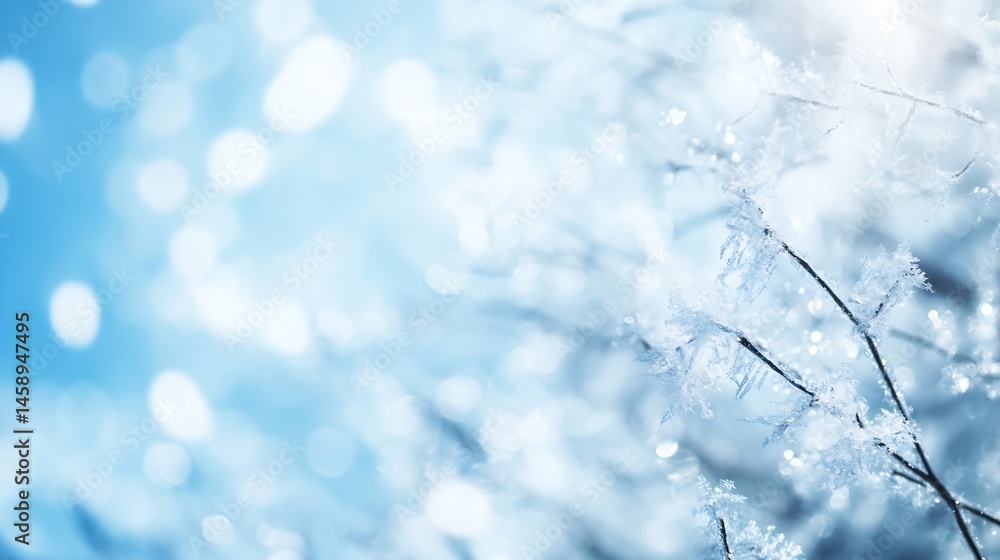 Poster close-up of frost-covered branches against a soft, blue bokeh background, evoking a serene winter wo