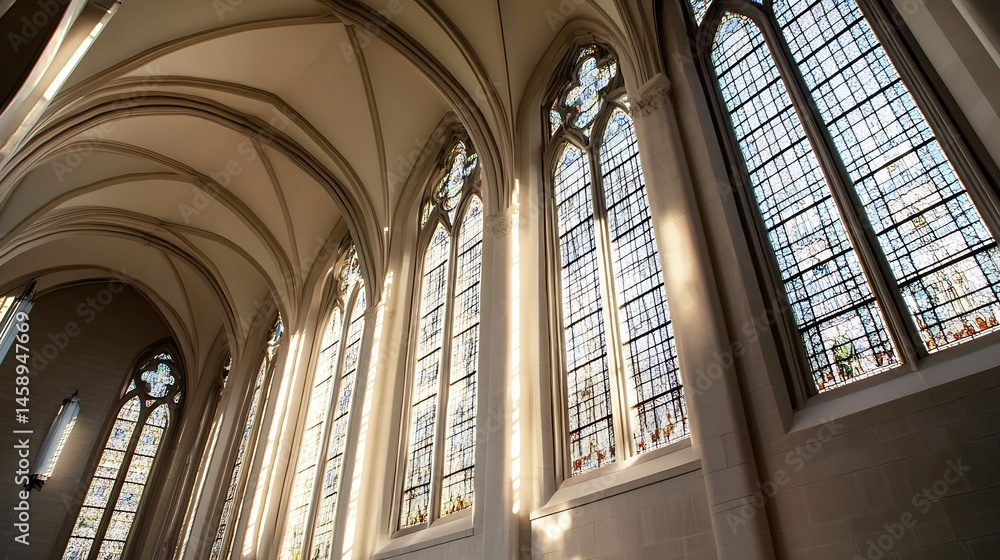 Poster sunlight streams through gothic arched windows illuminating a church chapel's interior, showcasing i