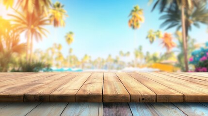 Wooden table with a beach view during sunset with warm light