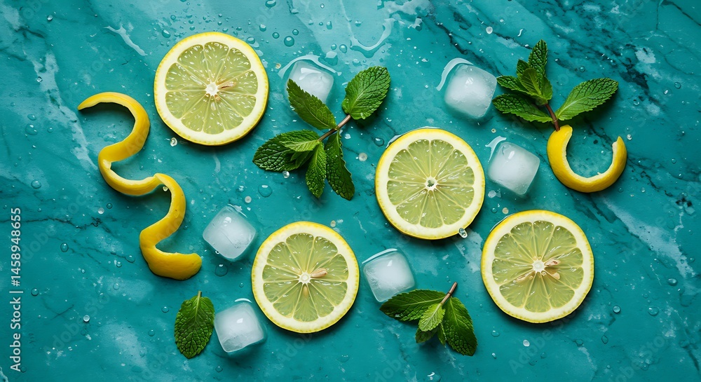 Fototapete fresh mint leaves and lemon slices floating among crushed ice, with sparkling water droplets splashi