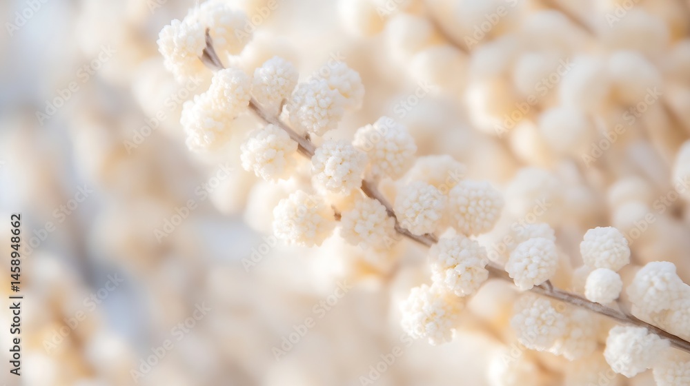 Aufkleber close-up of delicate, creamy white flower clusters on a slender branch, soft focus and subtle bokeh 