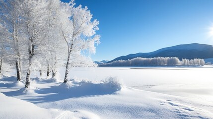 Winter wonderland scene: snow-covered birch trees stand beside a frozen lake, mountains in the background under a clear blue sky. : Generative AI