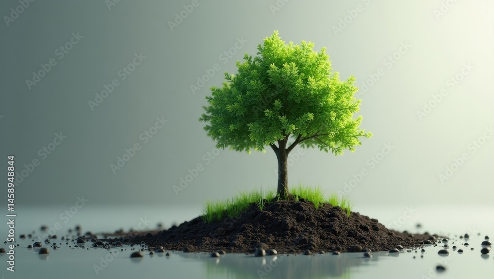 Poster tree planting. growth in isolation. abstract futuristic concept. lone tree grows isolatedly from sma