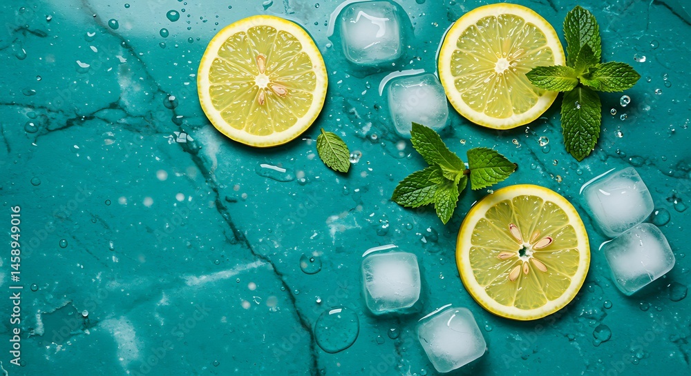 Fototapete fresh mint leaves and lemon slices floating among crushed ice, with sparkling water droplets splashi