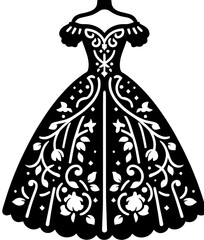 Silhouette of a black dress with floral and vine pattern hanging on a black hanger on white background