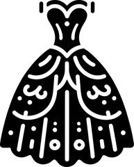 Isolated black and white vector graphic of a fancy dress with decorative accents and a full skirt