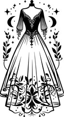 Two elegant dresses on mannequins adorned with celestial and floral designs in black and white style