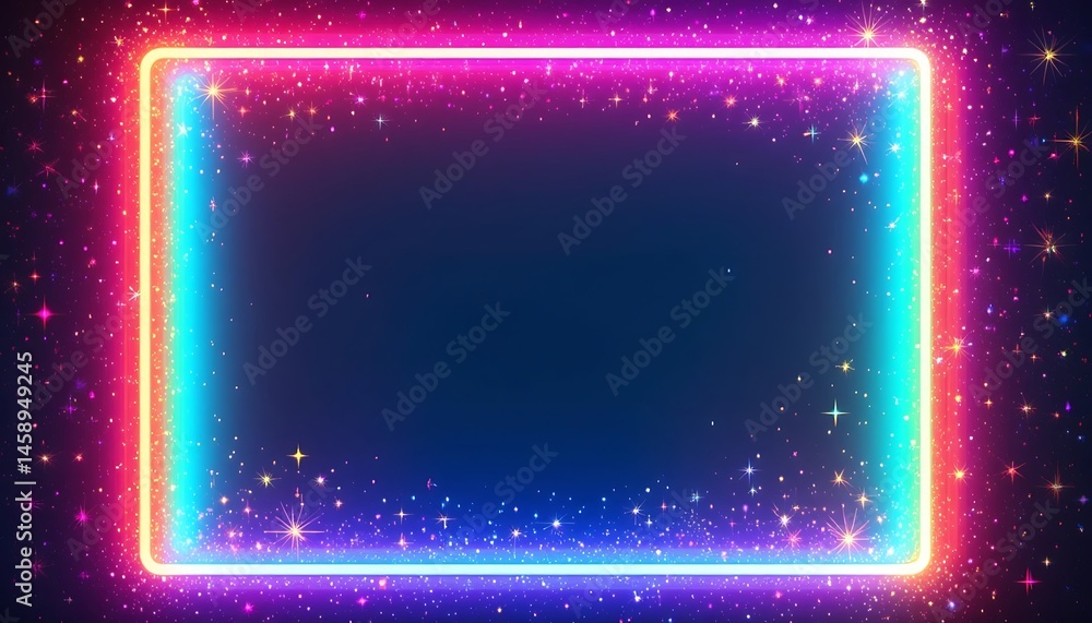 Poster glowing rectangular frame with vibrant colors and sparkling starry background