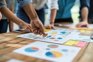 Collaborative team working on charts and graphs on a wooden table, placing puzzle pieces to align their strategies