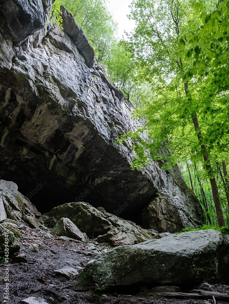 Poster a dark cave mouth is nestled beneath a towering rock face, partially obscured by lush green forest c