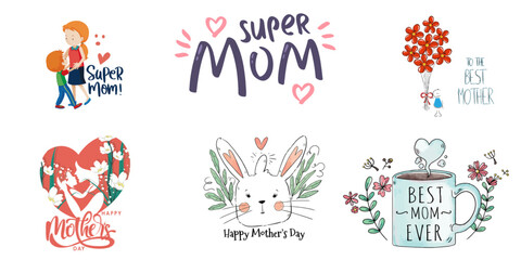 Editable Mother's Day Vector Art: Super Mom, Best Mom Ever, Floral Designs (EPS, SVG, AI, PNG)

