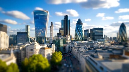 Stunning aerial view of London's modern cityscape, showcasing iconic skyscrapers like the Walkie-Talkie and the Gherkin, under a bright, partly cloudy sky. : Generative AI