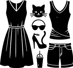 A black and white fashion collage featuring a dress, tank top, shorts, and accessories layout style