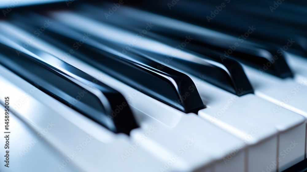 Poster close-up view of a piano keyboard, showcasing the sleek, black and white keys in a shallow depth of 