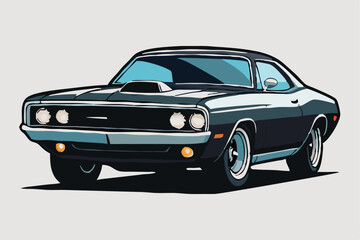 Naklejka premium Classic black muscle car shows streamlined hood scoop and bright headlights on light background
