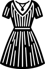 A black and white illustration of a dress with a necklace and vertical stripes on a white background