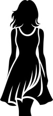 Silhouette of a woman in a dress with her back turned and flowing hair against a white background