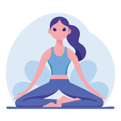 Animated woman with blue hair is sitting cross legged practicing yoga pose