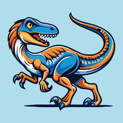 Striking blue and orange dinosaur walks forward, showcasing teeth and a playful pose on lightblue