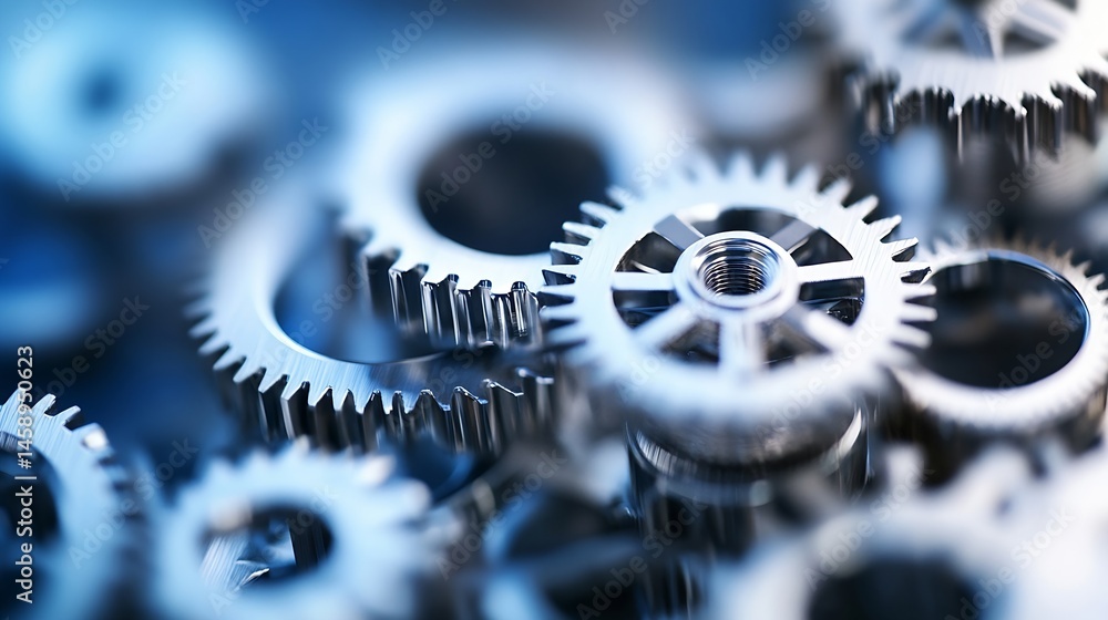 Poster close-up view of intricately detailed metallic gears, showcasing precision engineering and complex m