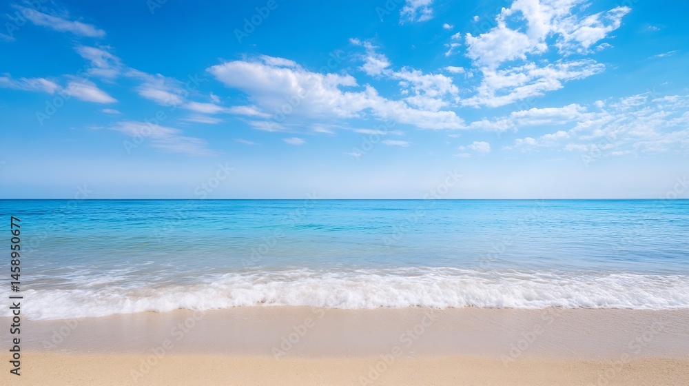 Aufkleber Serene coastal scene: turquoise ocean waves gently lapping on a pristine sandy beach under a vibrant blue sky dotted with fluffy white clouds. : Generative AI
