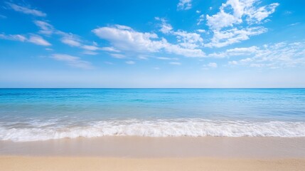 Obraz premium Serene coastal scene: turquoise ocean waves gently lapping on a pristine sandy beach under a vibrant blue sky dotted with fluffy white clouds. : Generative AI