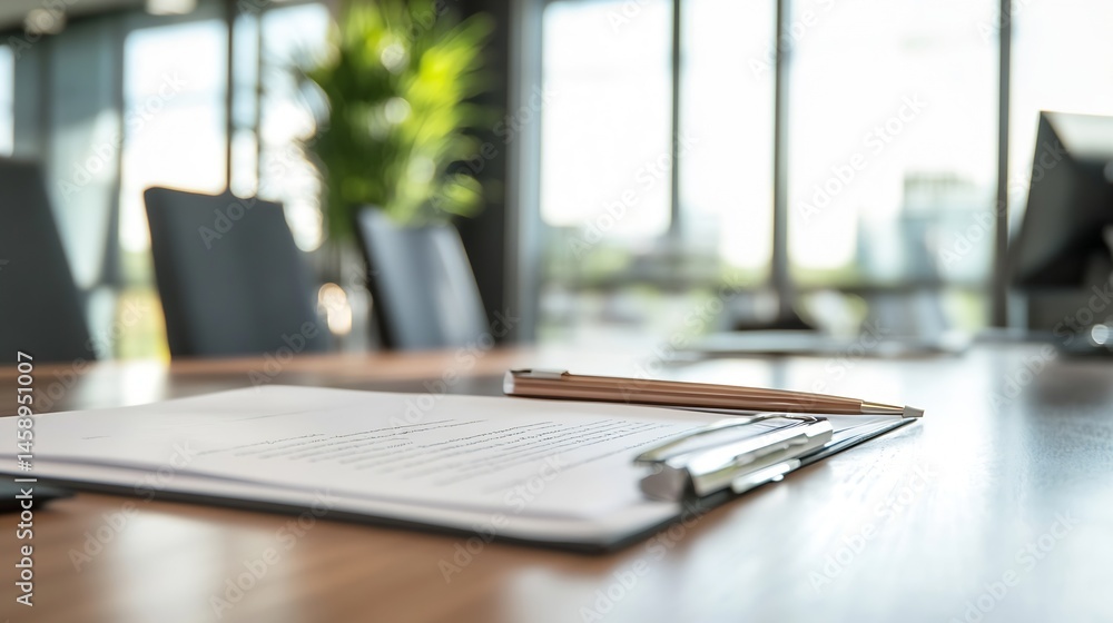 Aufkleber A clipboard with a document and pen rests on a wooden table in a modern office, blurred background showing windows and chairs. : Generative AI