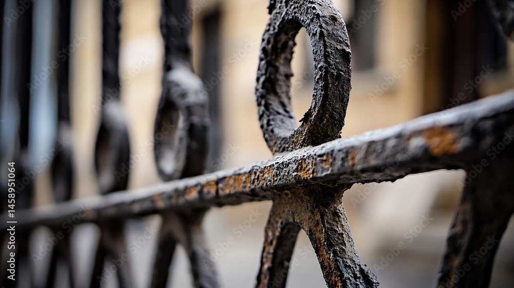 Poster close-up view of a weathered, dark metal fence with intricate detailing, showing signs of rust and a