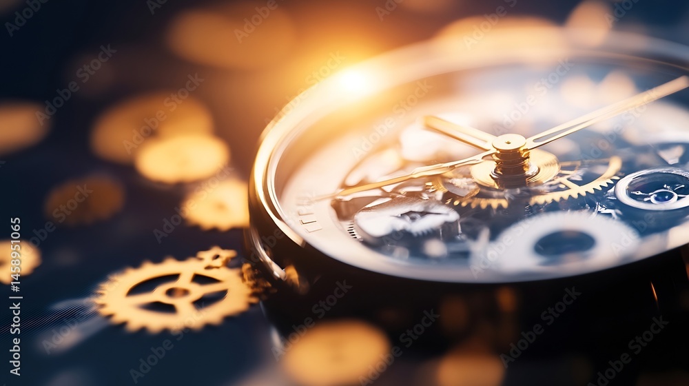 Fototapete close-up view of intricate clock mechanism, showcasing golden gears and hands against a dark, bokeh 