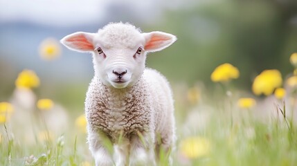 Obraz premium Adorable lamb standing in a vibrant spring meadow, surrounded by yellow wildflowers. The fluffy white lamb looks directly at the camera, showcasing its innocent charm and soft fur. : Generative AI