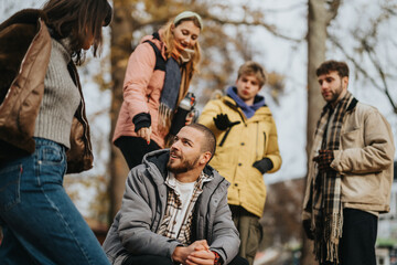 A group of young adults spending quality time outdoors during winter, enjoying camaraderie and...