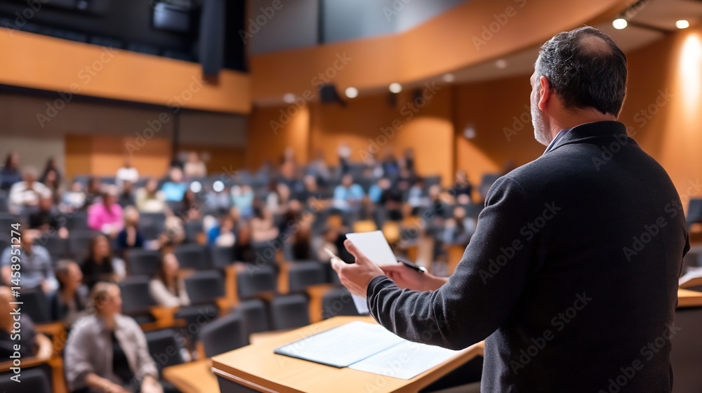 Poster a male speaker presents to a large audience in a modern auditorium, holding notes and a pen, during 