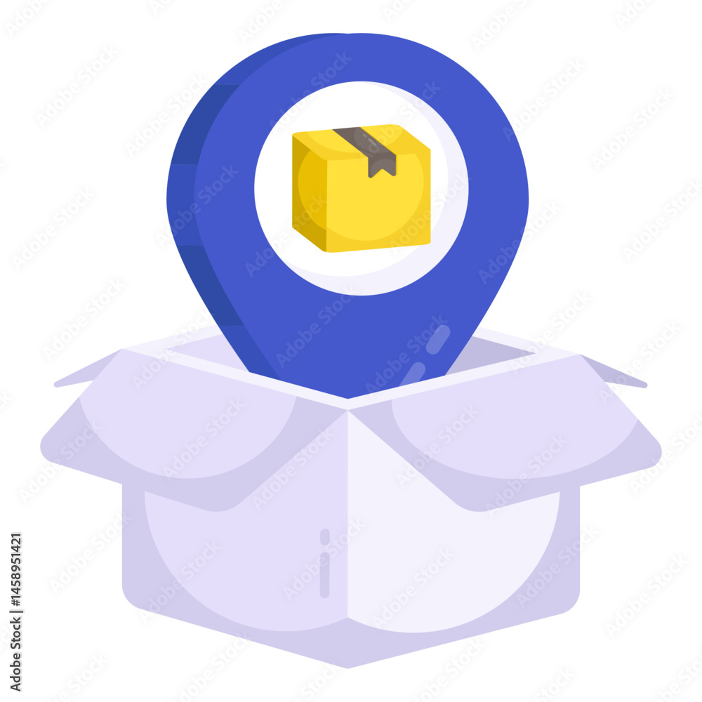 Poster delivery tracking app icon location pin inside open package box