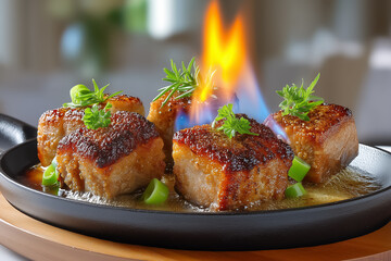 Crispy skin pork belly cubes crackle under torch flame brightening gourmet kitchen. Golden fat bubbles with fresh herbs enhancing rich flavors. Concept of fine dining, culinary arts, food photography
