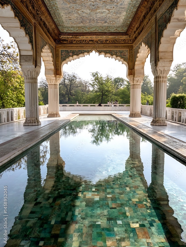Leinwandbilder reflective pool in a mughal-style pavilion, showcasing intricate architecture and serene garden view