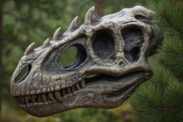 Dinosaur Skull Near Pine in Forest