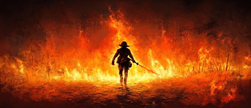 Warrior's fiery path, a digital painting of a lone figure walking towards a blazing inferno, symbolizing courage and resilience.