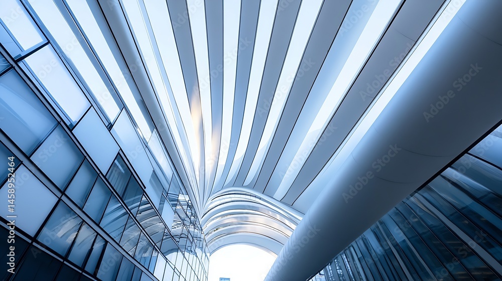 Aufkleber modern architecture, blue glass facade and curved ceiling design. abstract lines and shapes create a